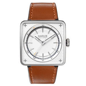 marloe watch company astro futura automatic mechanical watch with a notched tan leather strap product photo