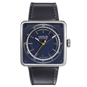 marloe watch company astro stellar automatic mechanical watch with a notched dark blue leather strap product photo