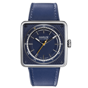 marloe watch company astro stellar automatic mechanical watch with a notched royal blue leather strap product photo