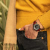 woman wearing a yellow jumper with a marloe watch company tay marine automatic mechanical watch
