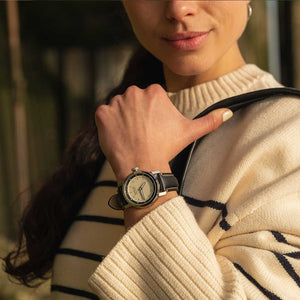 woman wearing a marloe watch company Tay sail automatic watch